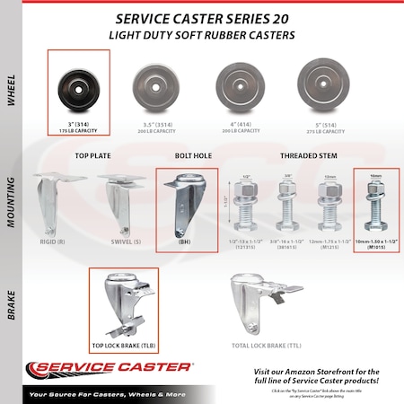 Service Caster 3 Inch Soft Rubber Wheel Swivel 10mm Threaded Stem Caster Set with Brake SCC SCC-TS20S314-SRS-TLB-M1015-4